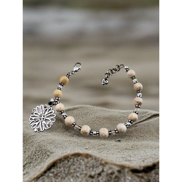 Brighton Silver Beaded Charm Bracelet Beautiful Tan Beads. - Picture 1 of 6
